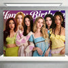 A group of six young women posing in front of a purple backdrop for a birthday party decoration set.