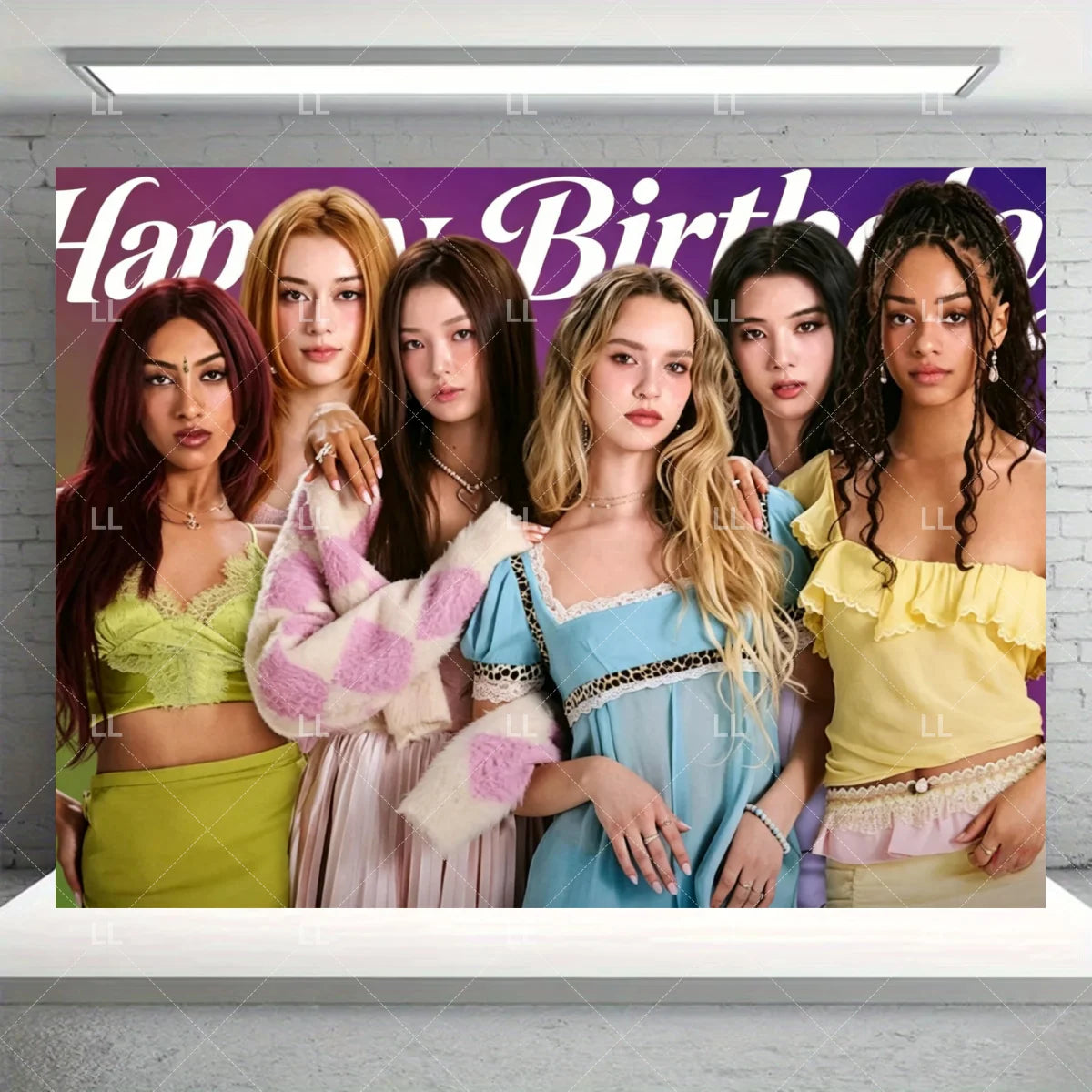 A group of six young women posing in front of a purple backdrop for a birthday party decoration set.
