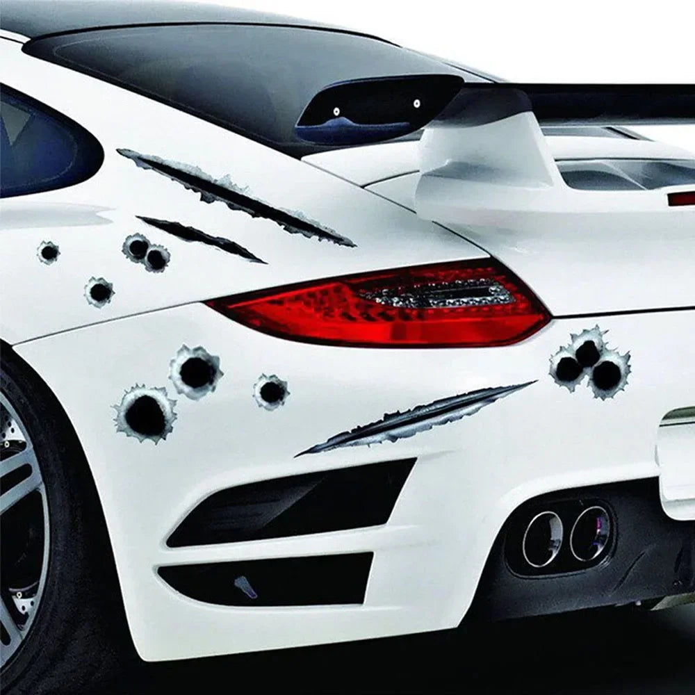 A white sports car features realistic bullet hole decals and a prominent rear spoiler.