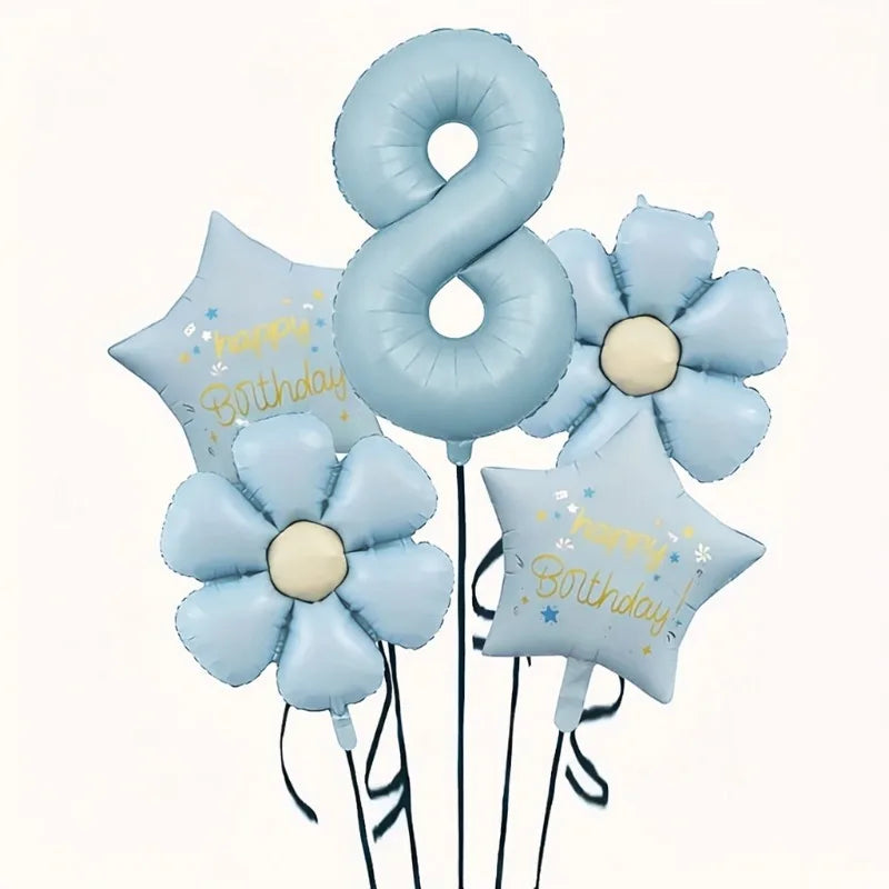 A set of light blue foil balloons shaped like the number eight and flowers for a birthday celebration