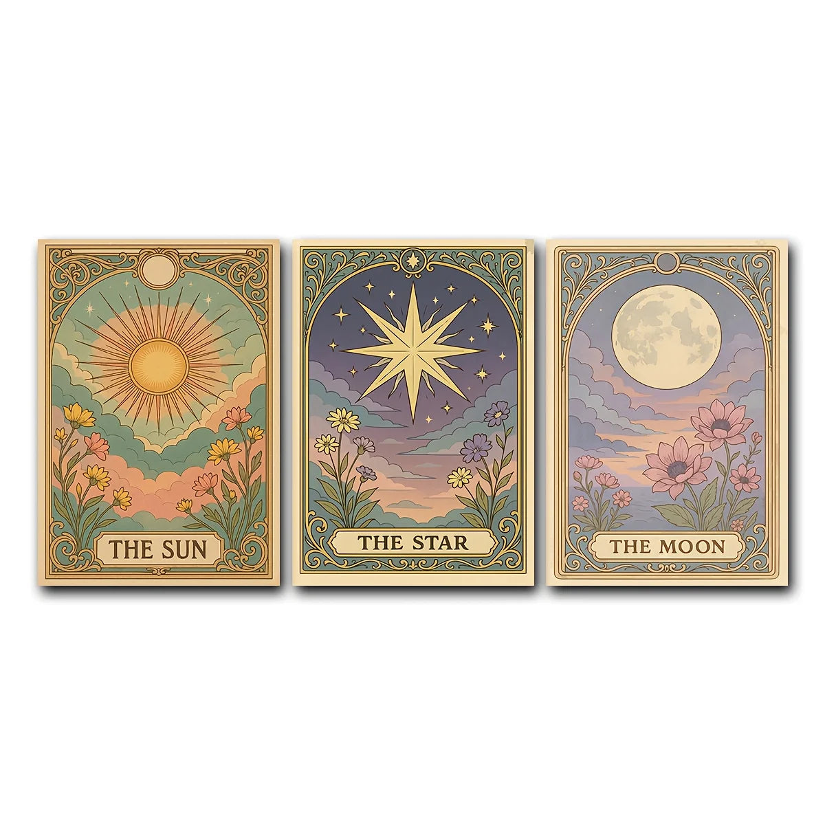 A set of three framed celestial wall art prints depicting The Sun, The Star, and The Moon.