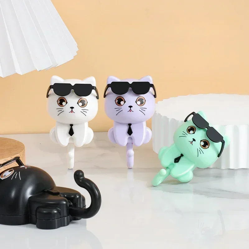 Cartoon Cat Adhesive Hooks – No-Damage Wall Hooks with Sunglasses Design