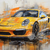 A vibrant yellow Porsche sports car painted in a vintage oil painting style with expressive brushstrokes.