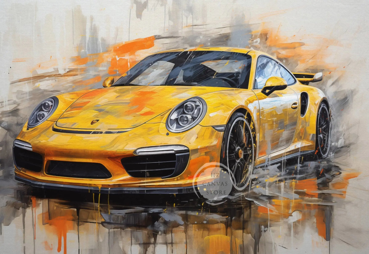 A vibrant yellow Porsche sports car painted in a vintage oil painting style with expressive brushstrokes.