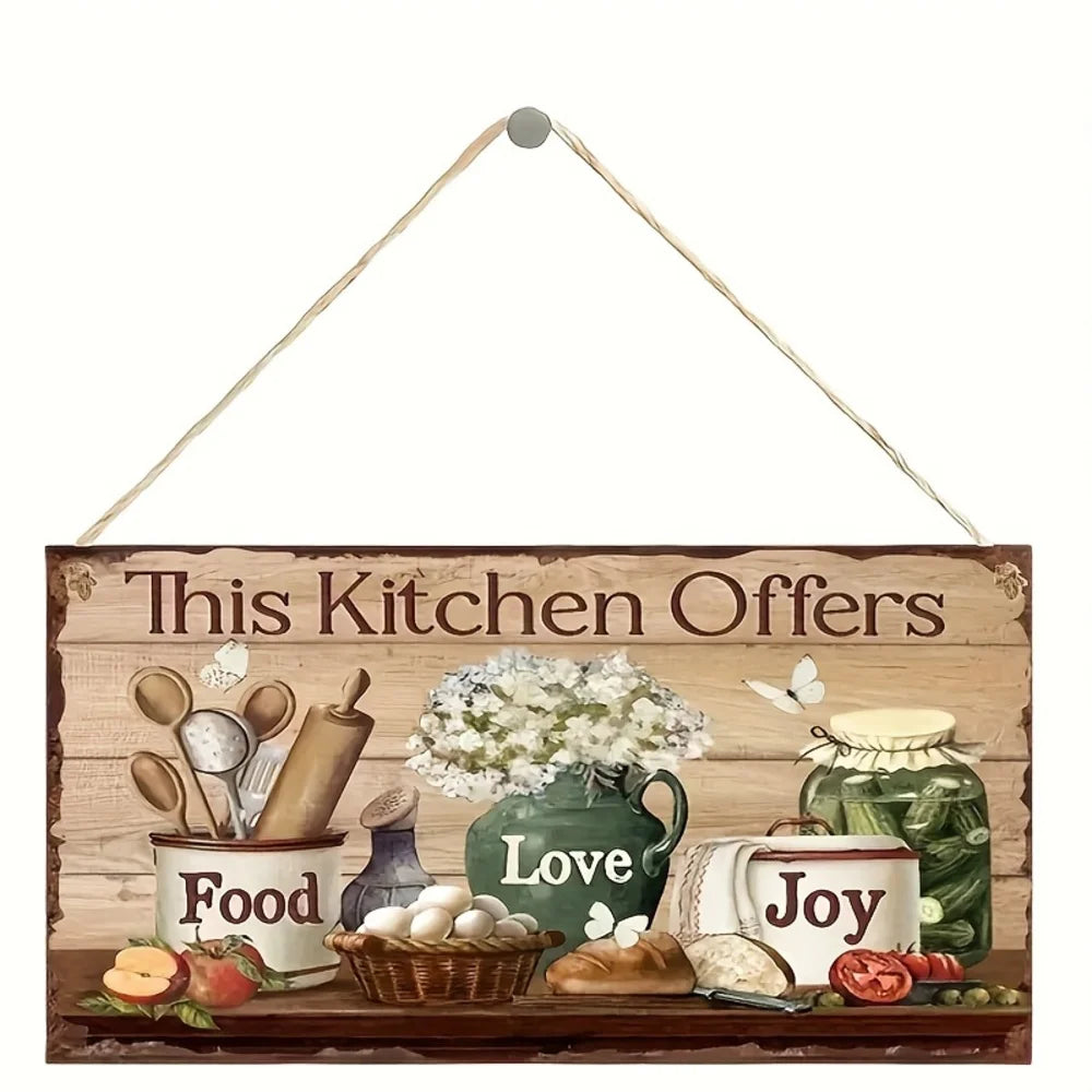 Señal de cocina de madera rústica con exhibición colgante decorativa con elementos de comida y amor