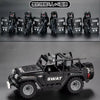 A set of six black police figures and a SWAT vehicle model built from military off-road jeep building blocks.