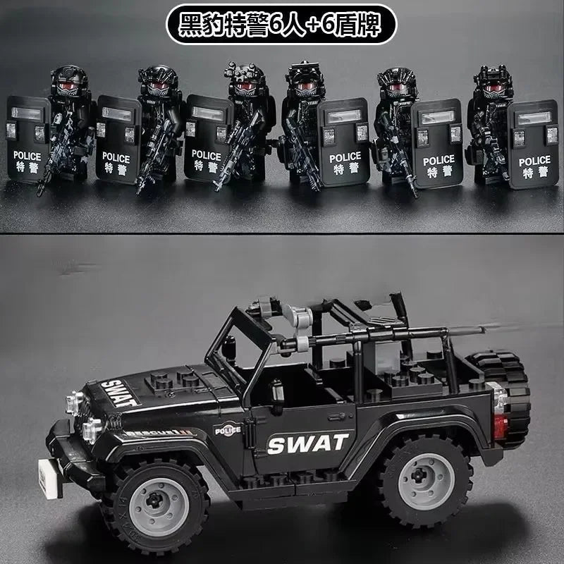 A set of six black police figures and a SWAT vehicle model built from military off-road jeep building blocks.