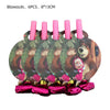 A set of six pink balloons with bear and girl designs, intended for a birthday party.