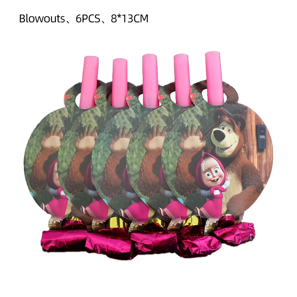 A set of six pink balloons with bear and girl designs, intended for a birthday party.