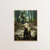 A painting of a goat standing in a dark, earthy field with blurred figures in the background.
