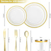 Service de table jetable en plastique avec assiettes, fourchettes et cuillères à bord doré.