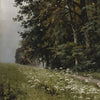 A retro oil painting depicting a river village scene with daisies in a grassy field under trees.