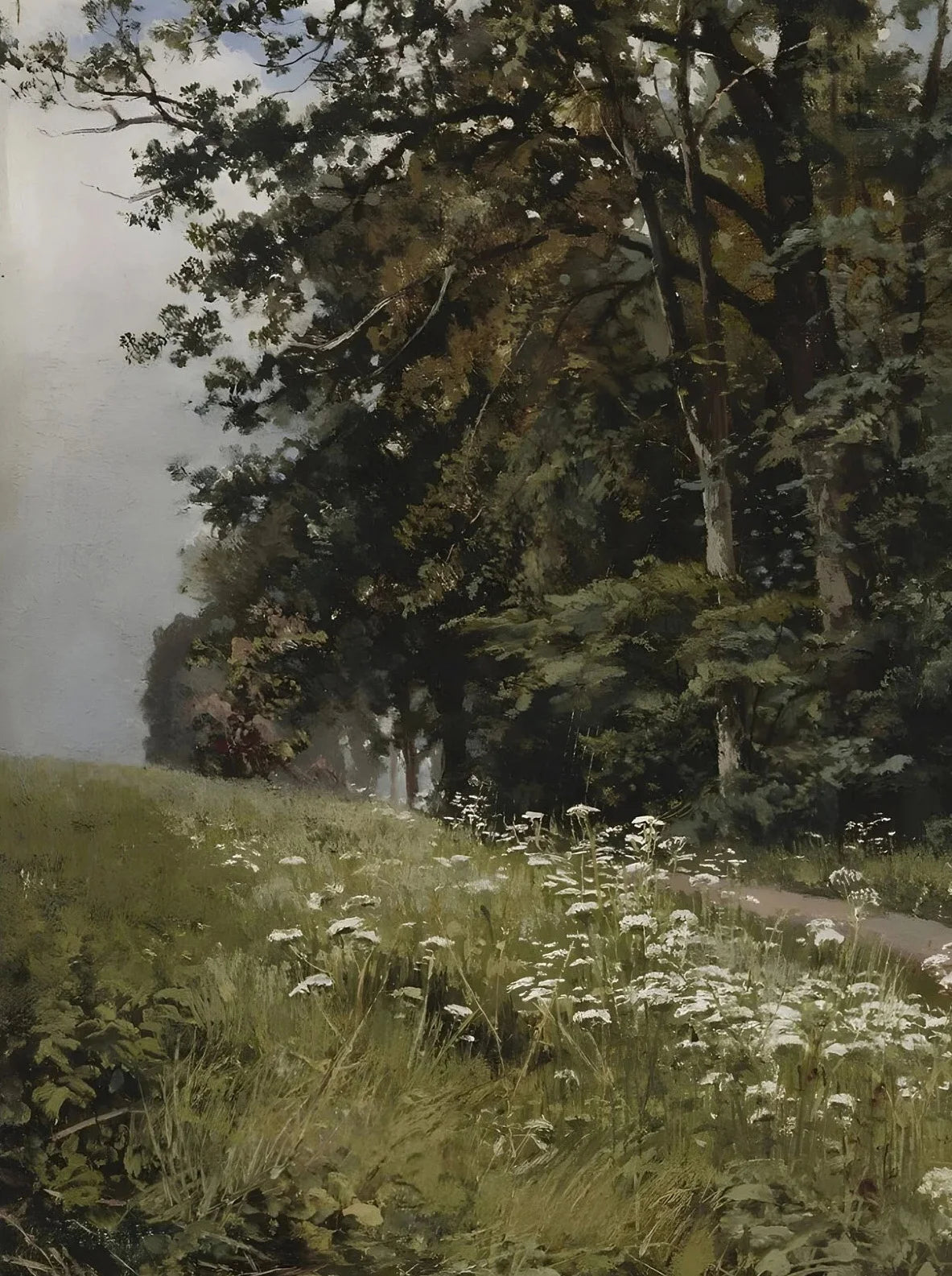 A retro oil painting depicting a river village scene with daisies in a grassy field under trees.