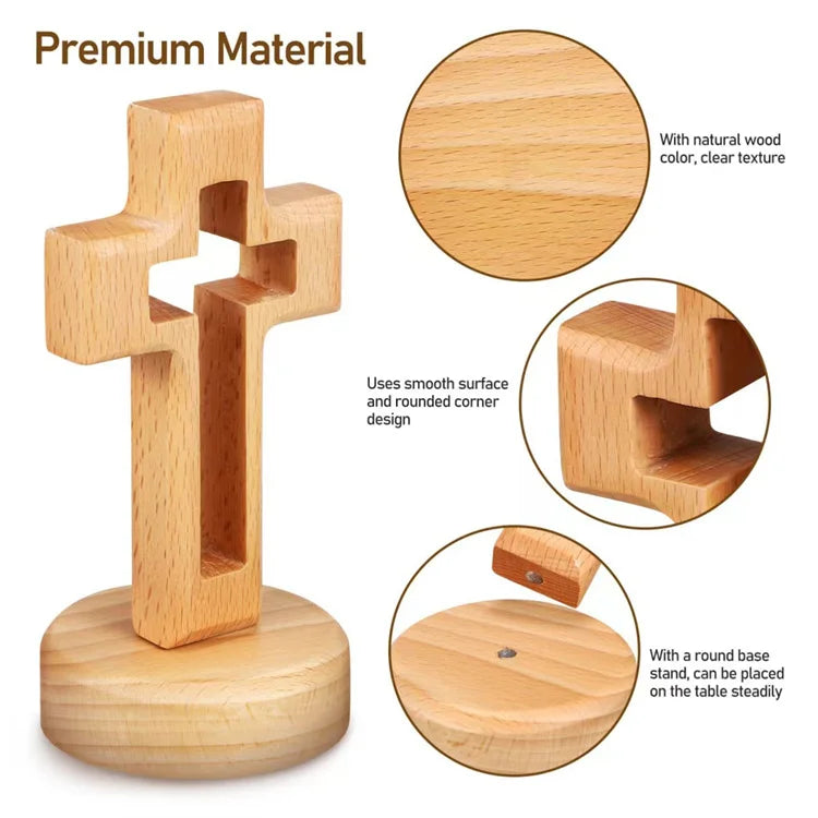 A light wood crucifix wall ornament featuring a smooth surface and rounded corner design.