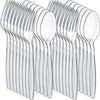 A set of 100 disposable plastic silverware pieces in silver color.