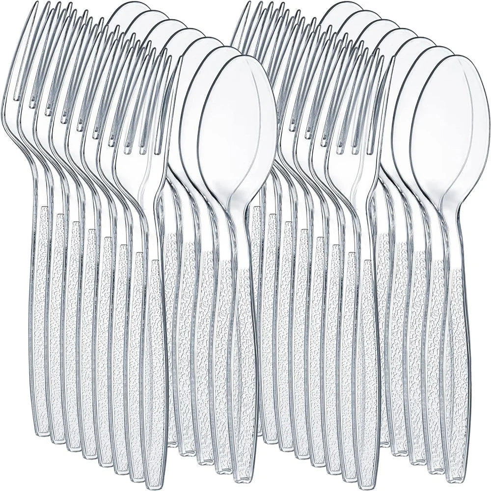 A set of 100 disposable plastic silverware pieces in silver color.