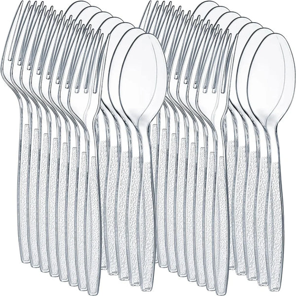 A set of 100 disposable plastic silverware pieces in silver color.