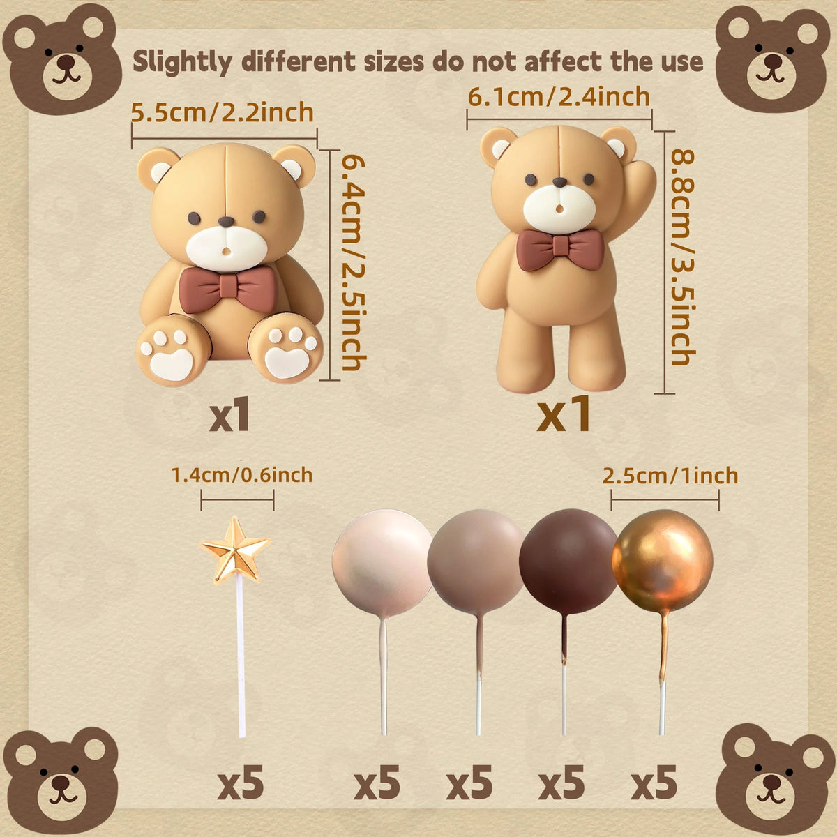 A set of five gold and brown spherical cake toppers and one star topper displayed on a beige background.