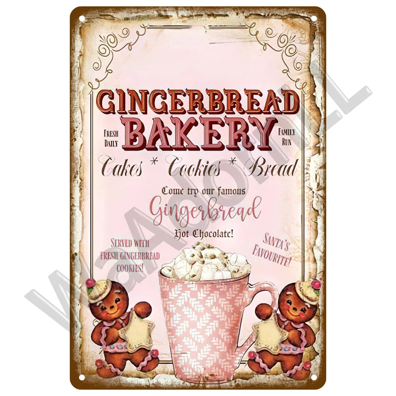 A vintage-style plaque for Gingerbread Bakery featuring baked goods and gingerbread figures.