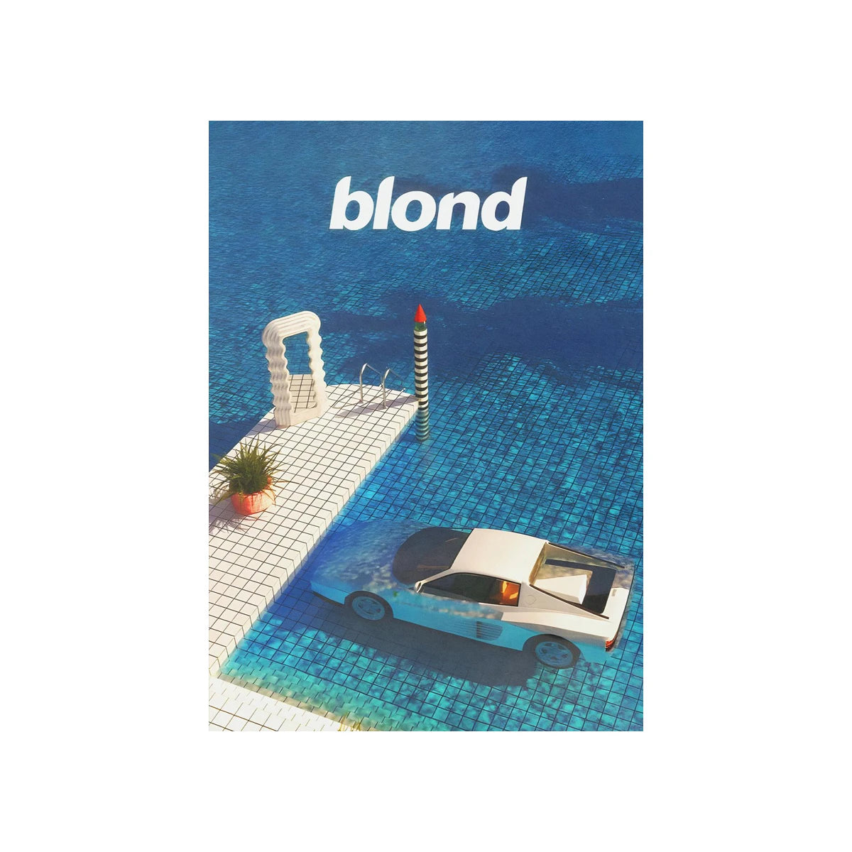 Album art for Blond featuring a white car on a blue water surface with a white structure and a striped pole.