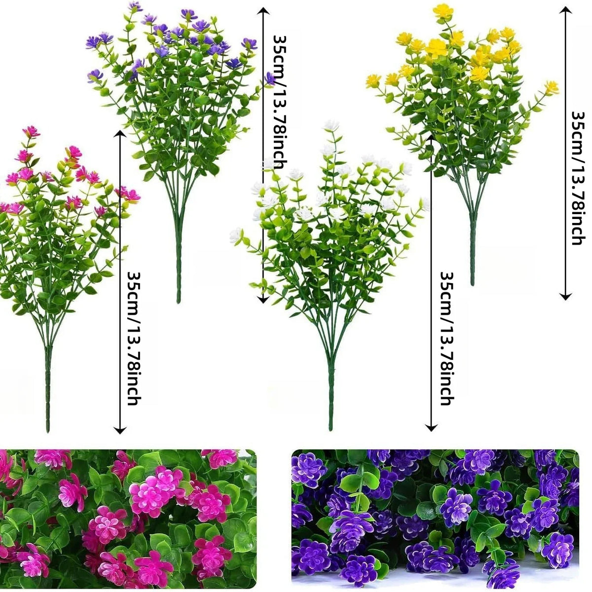 A collection of faux floral plants in purple and yellow colors displayed against a white background.