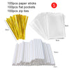 A set of 100 paper sticks, flat pockets, and zip ties for lollipop packaging.