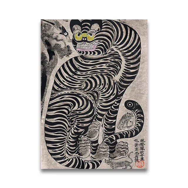 Vintage Japandi tiger cat canvas wall art featuring a striped feline design in black and white.