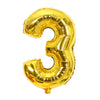 A shiny gold foil number balloon shaped like the number three.