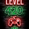 Neon sign art featuring the word LEVEL 420 and a glowing controller and cannabis leaf on a brick wall background