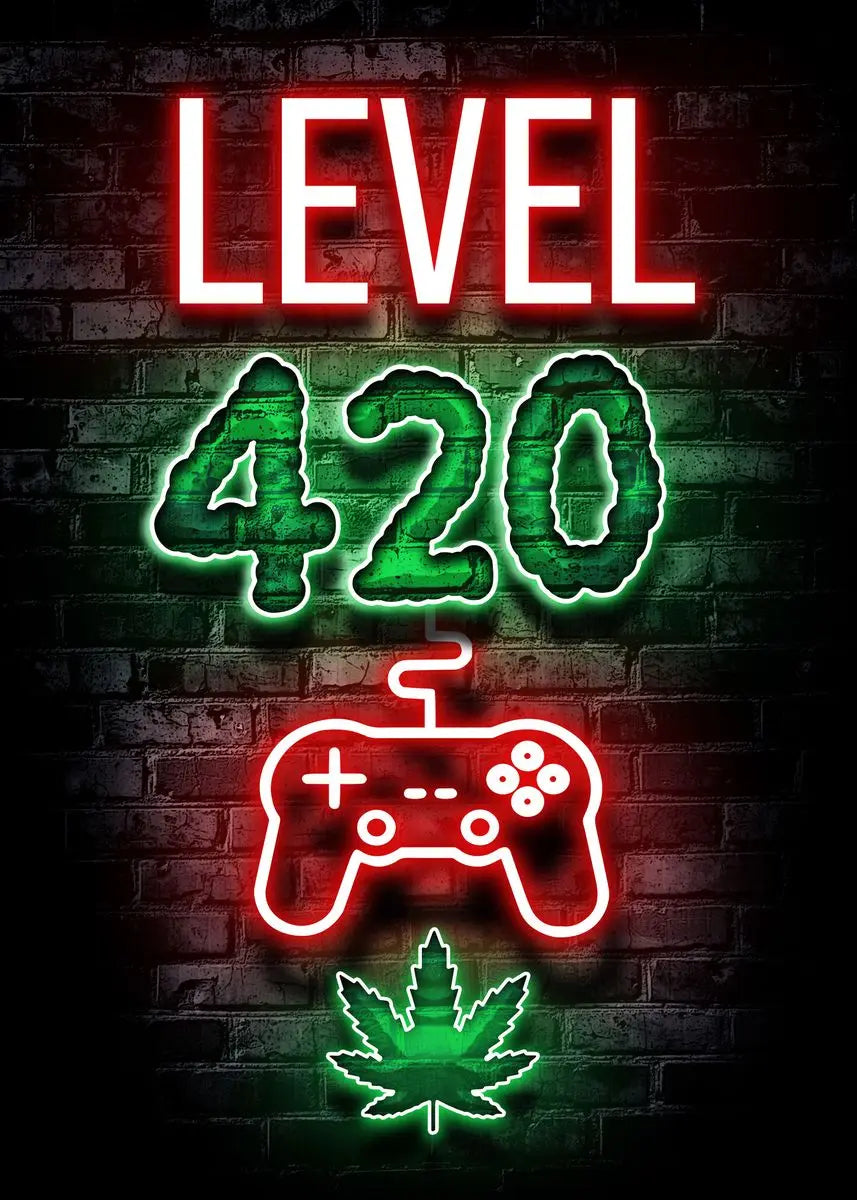 Neon sign art featuring the word LEVEL 420 and a glowing controller and cannabis leaf on a brick wall background