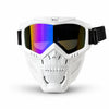 White full face skull riding goggles with a black strap and iridescent lenses
