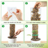 Instructions showing how to insert a buckle, fill with moss, plant the pole in soil, and secure the plant with Velcro.