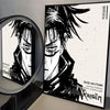 A black and white anime poster featuring a character from Jujutsu Kaisen with spiky hair and intense eyes.