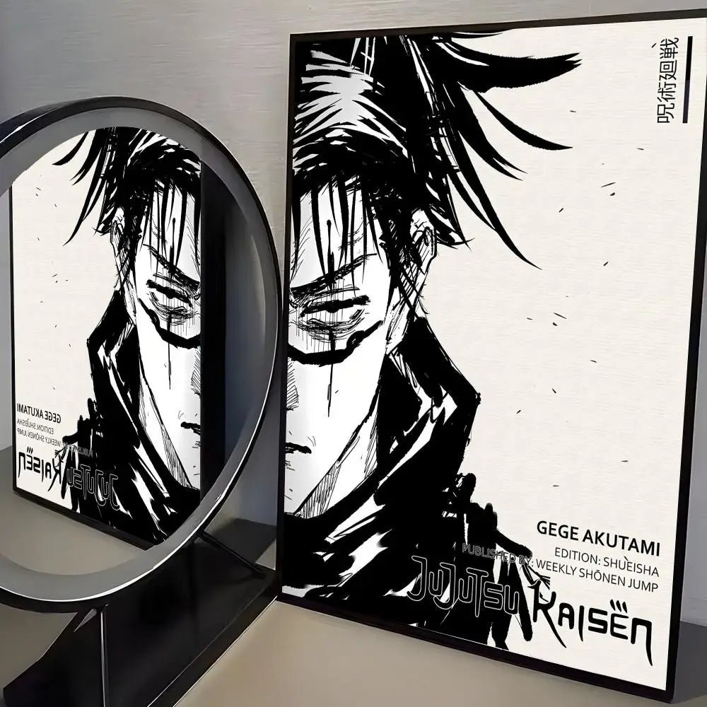 A black and white anime poster featuring a character from Jujutsu Kaisen with spiky hair and intense eyes.