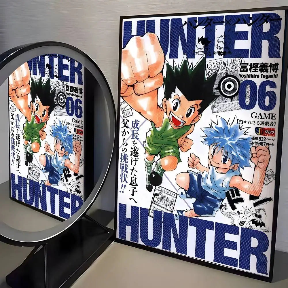 A framed canvas wall art featuring characters from Hunter x Hunter anime in dynamic poses against a blue background.