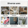 Demonstration of heavy-duty transparent packing tape used for various purposes including paper stock, warehouse storage, seal