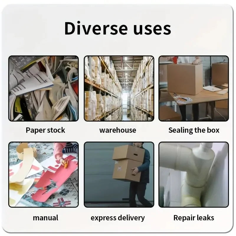 Demonstration of heavy-duty transparent packing tape used for various purposes including paper stock, warehouse storage, seal
