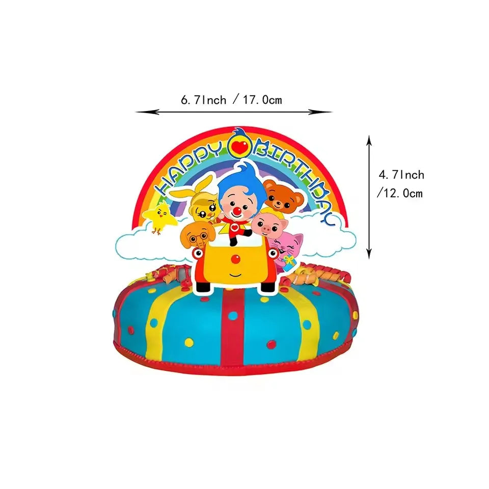 A colorful circus theme birthday party decor set featuring a smiling character and balloons.