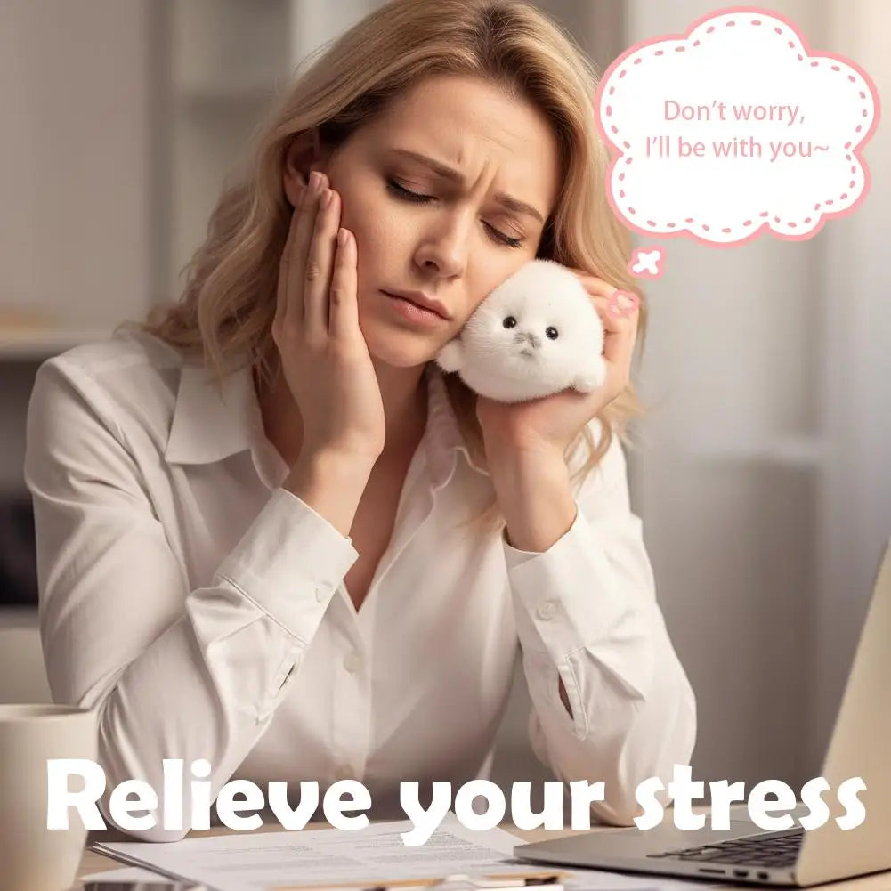 A woman is gently holding a white seal plush toy while looking stressed, with text encouraging her to relax.