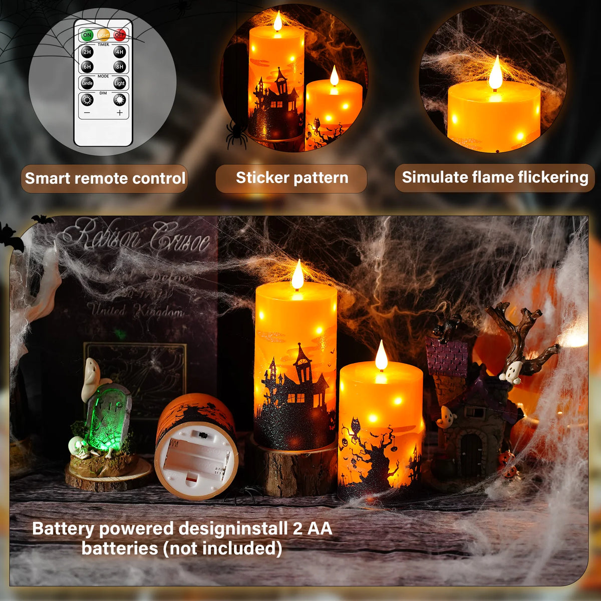 Flameless LED pillar candles with a remote control and sticker pattern simulating flickering flame for Halloween decor