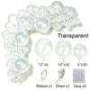 A white latex balloon garland kit featuring clear balloons, ribbon, chain, and glue for party decoration.