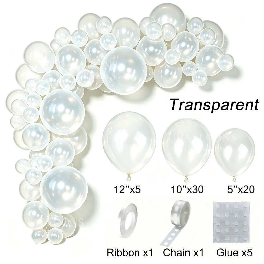 A white latex balloon garland kit featuring clear balloons, ribbon, chain, and glue for party decoration.