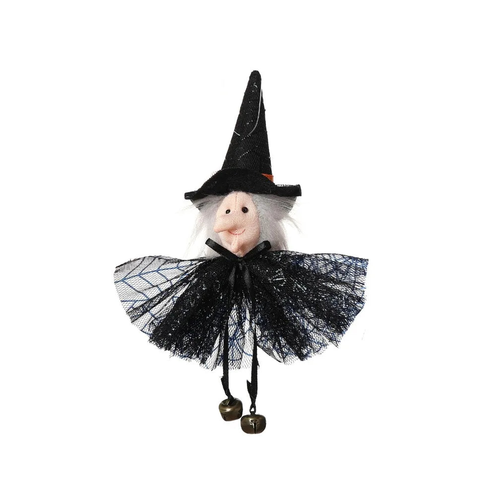 A black witch hat with a white face and black feathered wings, part of a fall harvest scarecrow witch ornament set.