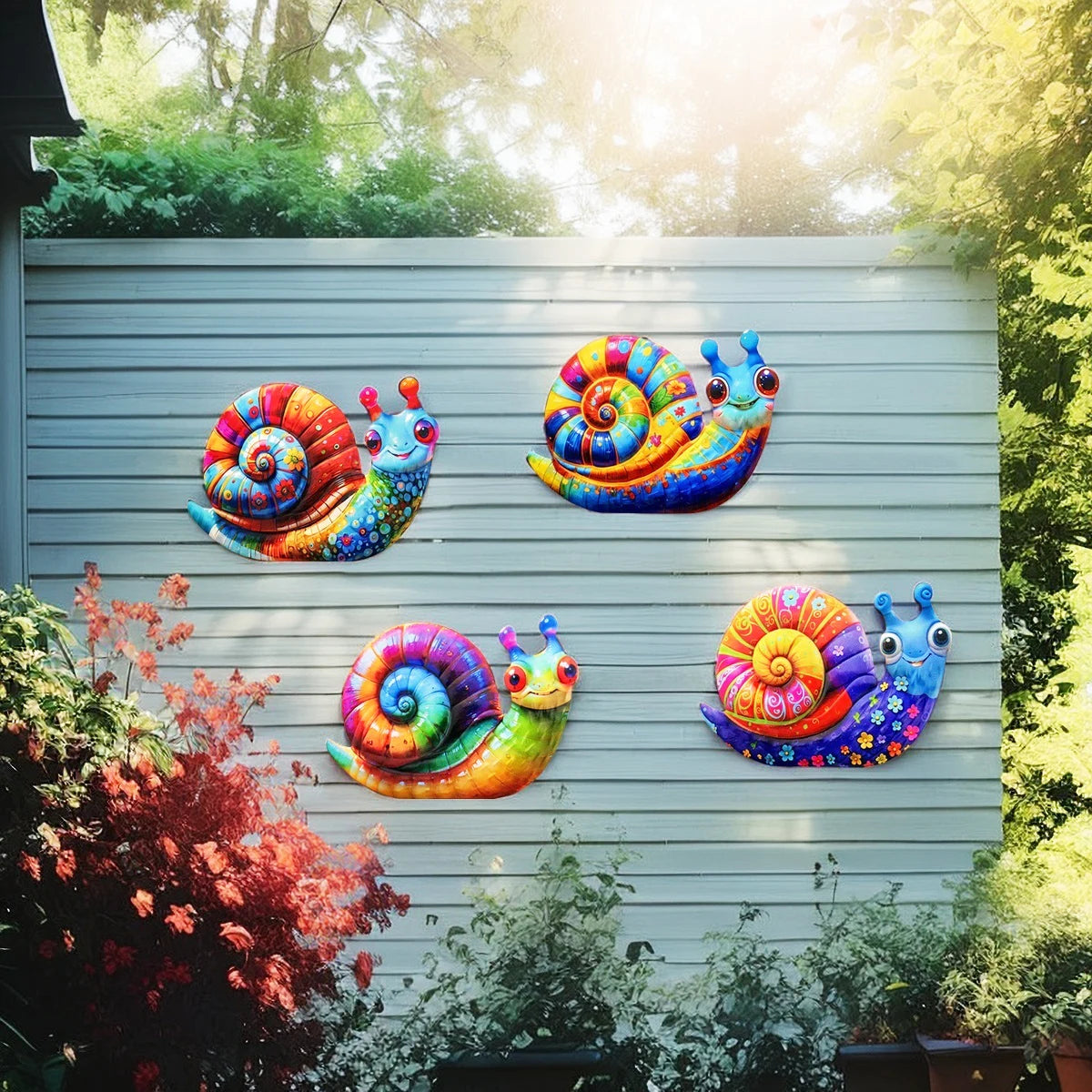 Colorful metal snail wall art featuring vibrant iridescent colors mounted on a gray wooden fence.