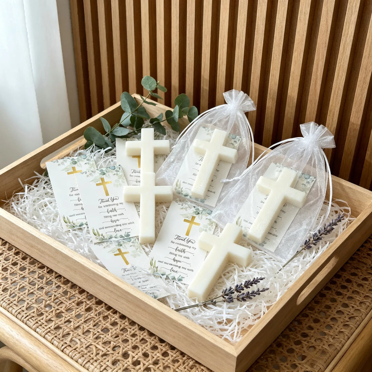 Cross-Shaped Baptism Soap Gift Set (10-Pack) with Thank-You Cards & Bags