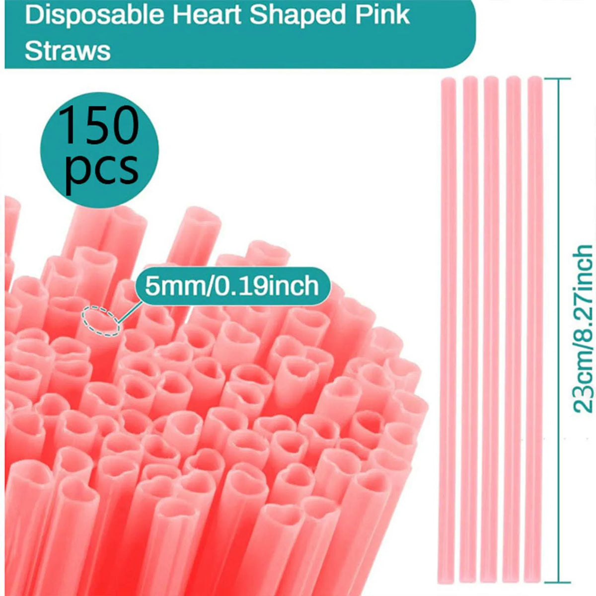 A close-up view of 150 pink heart-shaped disposable straws arranged in a plastic container.