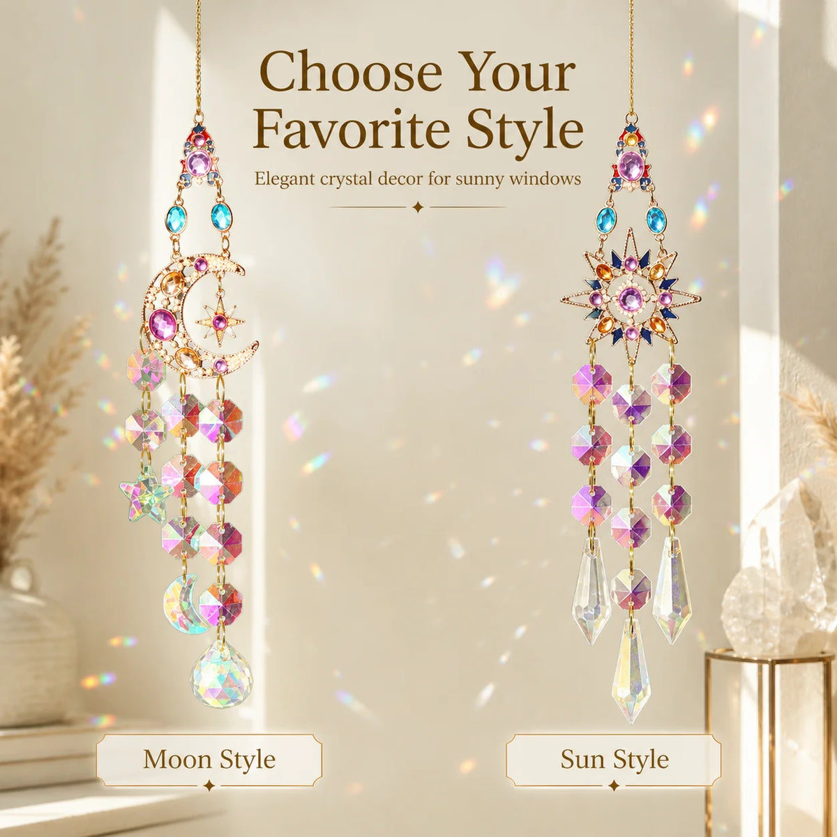 Elegant crystal decor window pendants featuring moon and sun styles for sunny windows