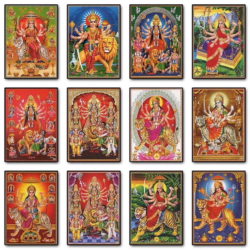 Durga Goddess Vintage Canvas Wall Art – Hindu Deity Print for Living Room & Home Decor