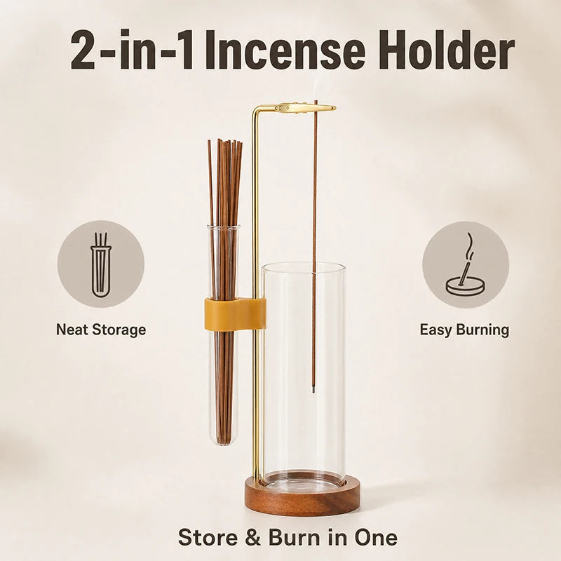 Porte-encens en verre deux-en-un ton or avec bâtons en bois pour un stockage ordonné et une combustion facile.