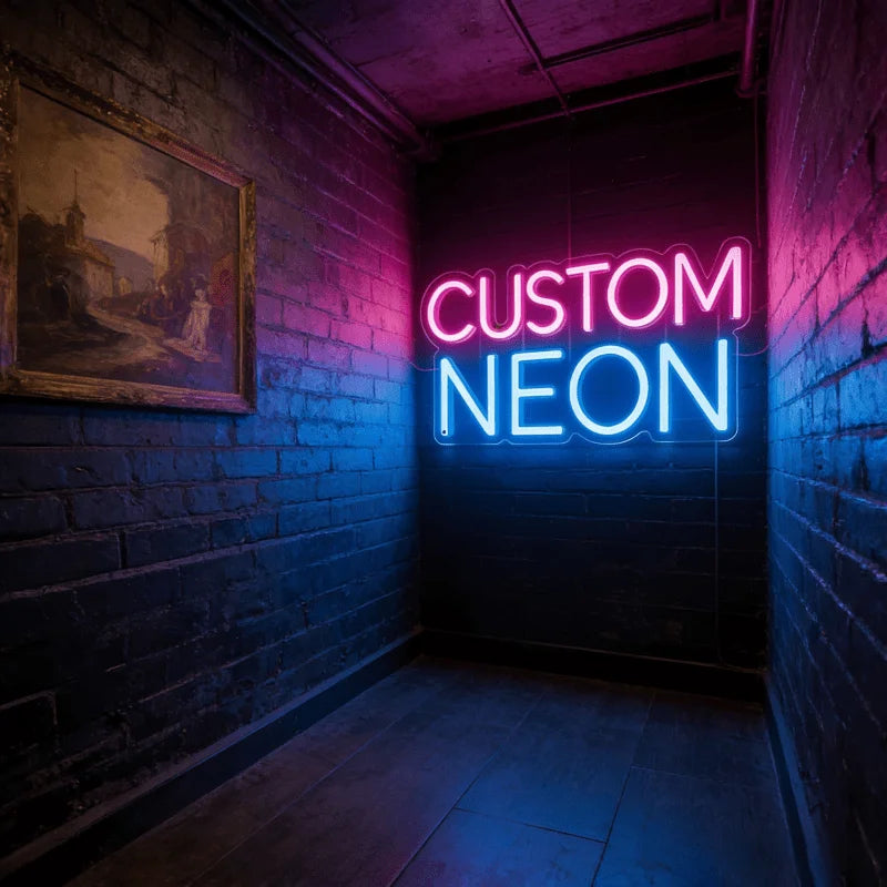 A neon sign spelling CUSTOM NEON glows bright blue on a dark brick wall in a dimly lit hallway.